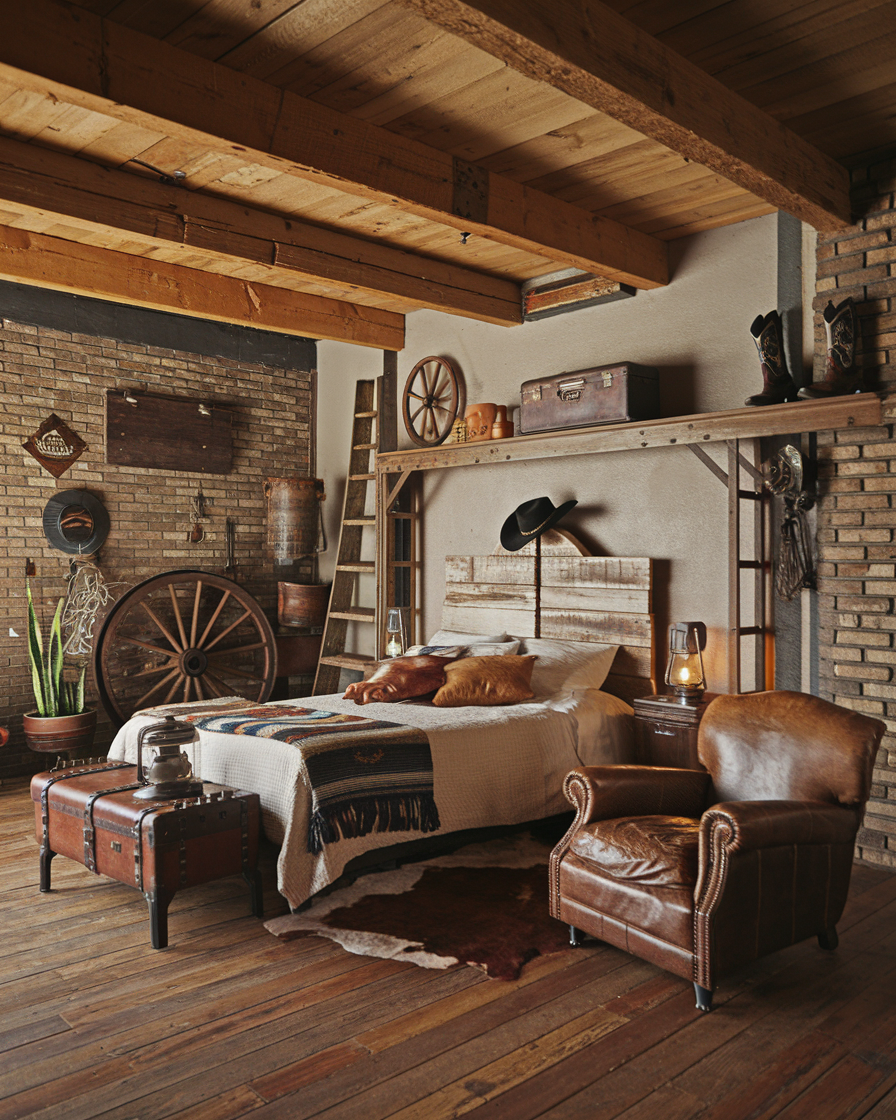 A rustic bedroom with wooden beams and vintage western decor features a bed adorned with a cowboy hat, a leather chair, brick walls, and wagon wheels. The perfect men