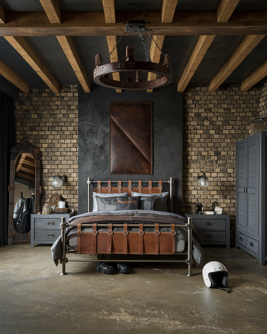 Experience an industrial-style bedroom featuring brick walls, exposed beams, and leather accents on the bed. A metal chandelier completes the look, while vintage western bedroom decor ideas are subtly infused. A white helmet and black shoes rest near the foot of the bed, adding character.