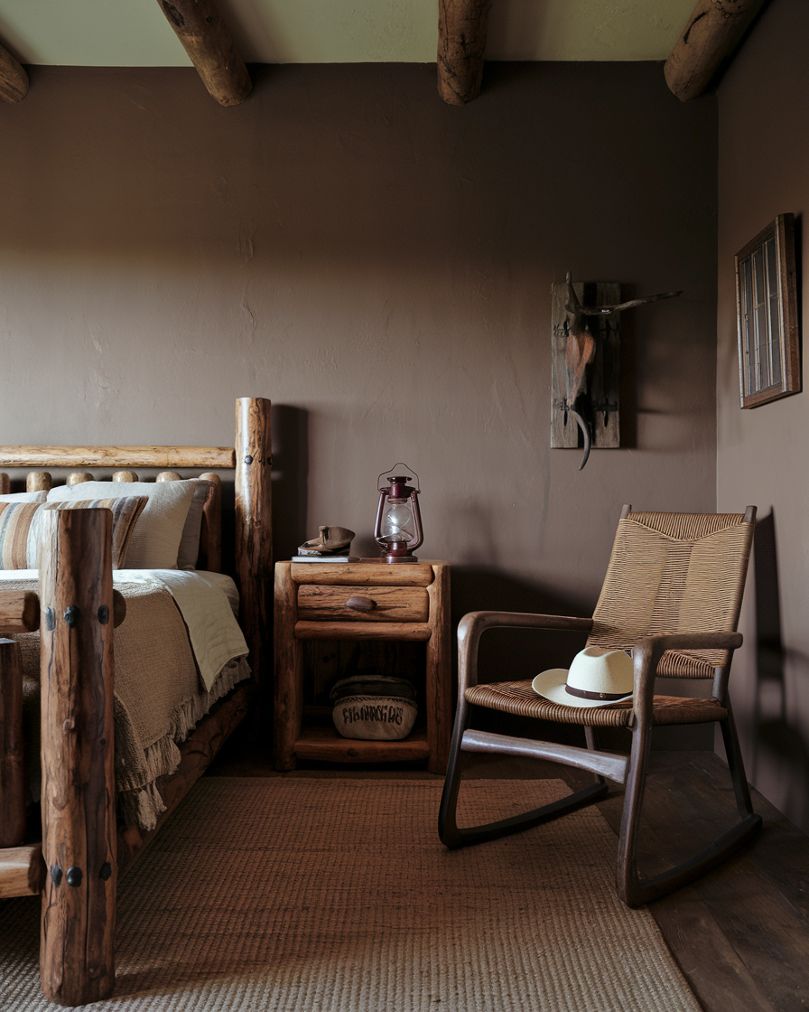 Rustic bedroom with wooden bed, nightstand, and rocking chair. A hat rests on the chair, evoking vintage western decor ideas. A lantern sits on the nightstand. Earth-toned walls and ceiling with wooden beams complete this charming bedroom decor for men.