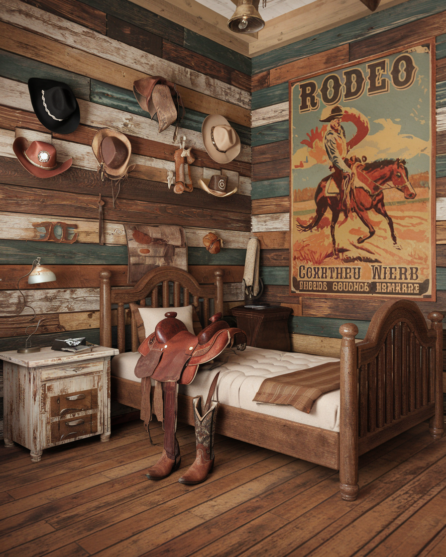 Vintage western-themed bedroom with rustic wood walls, a single bed, cowboy hats, boots, and a saddle. A rodeo poster adds charm, while a lamp sits on a wooden nightstand beneath a hanging light fixture. Perfect for those seeking authentic decor ideas.