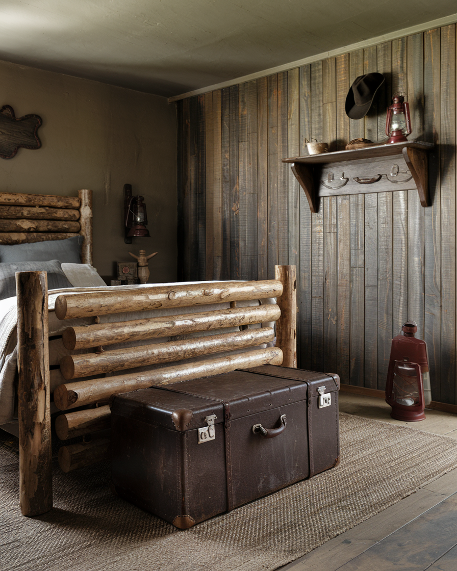 Vintage western bedroom decor: A rustic bedroom featuring a log frame bed and a vintage chest at the foot. The wooden panel walls add charm, while two red lanterns placed thoughtfully on the floor and nightstand complete the ambiance. Ideal for those seeking tasteful men’s bedroom decor ideas.