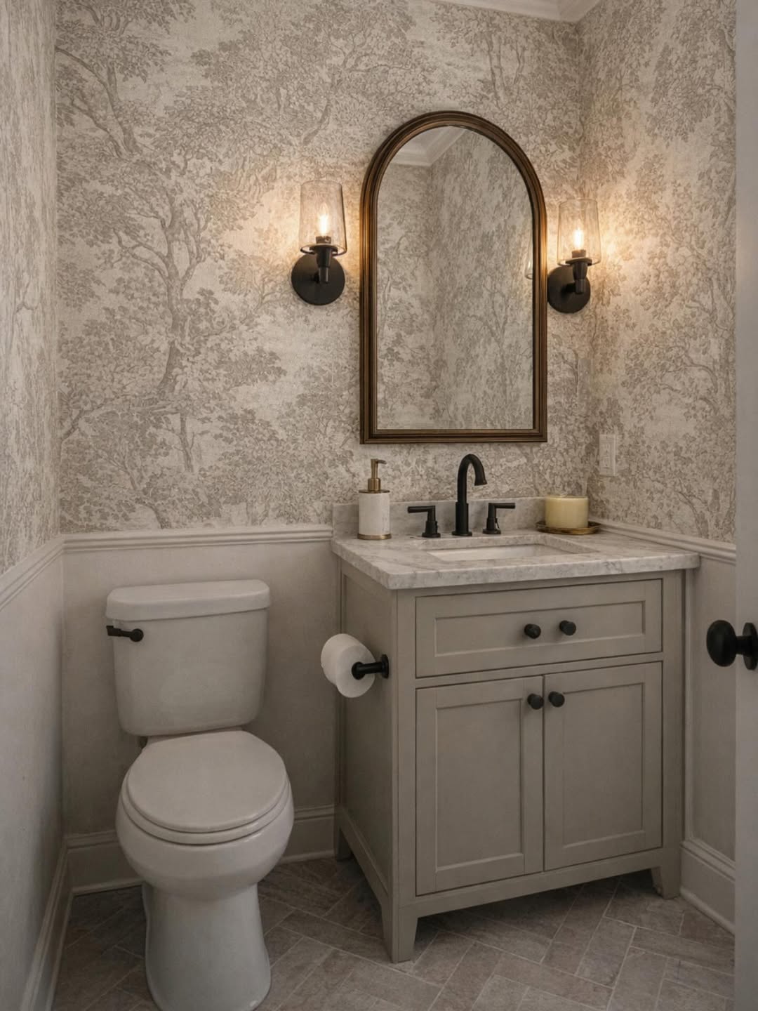 Toile Wallpaper Powder Room with Warm Brass Accents