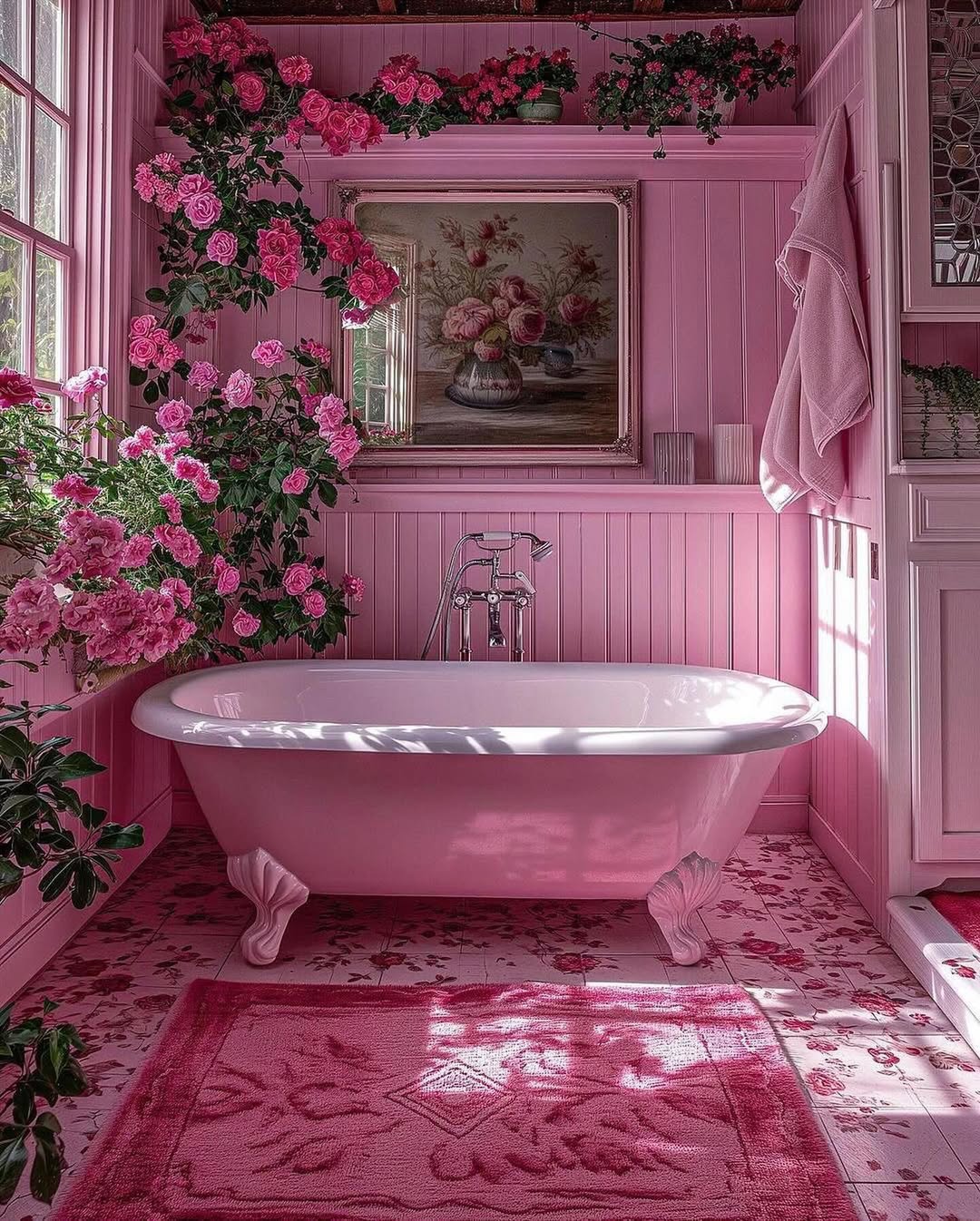 A white clawfoot bathtub sits in a pink bathroom with floral decor, rose plants, a soft pink rug, plush towels, and a vibrant floral painting on the wall.