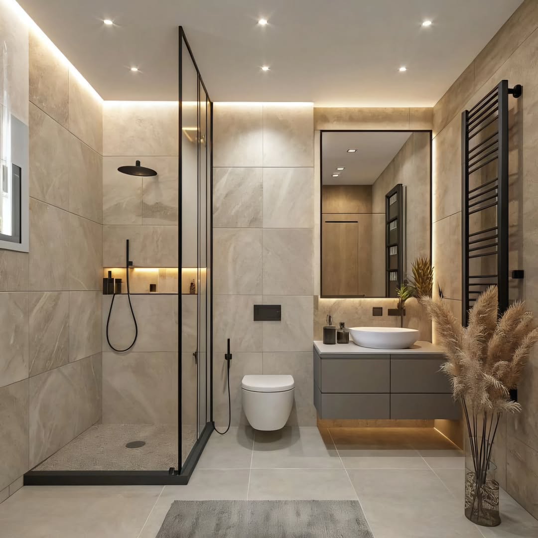 Beige Stone Bathroom with Black-Frame Shower and Pampas Accent