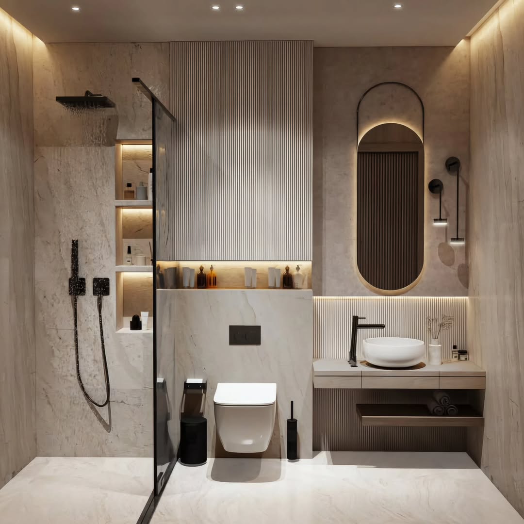 Warm Stone and Fluted Panel Bathroom with Pill Mirror and Sconce
