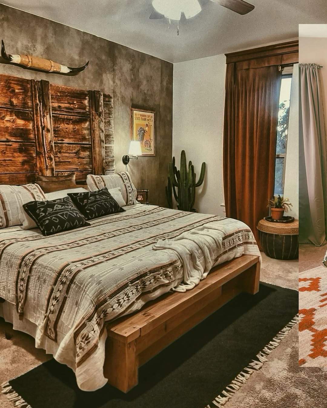 A rustic bedroom showcases a wooden bed with patterned bedding, decorative pillows, a cow skull on the wall, a cactus, brown curtains, and a wooden accent wall—perfect inspiration for those seeking cozy rustic bedroom ideas.